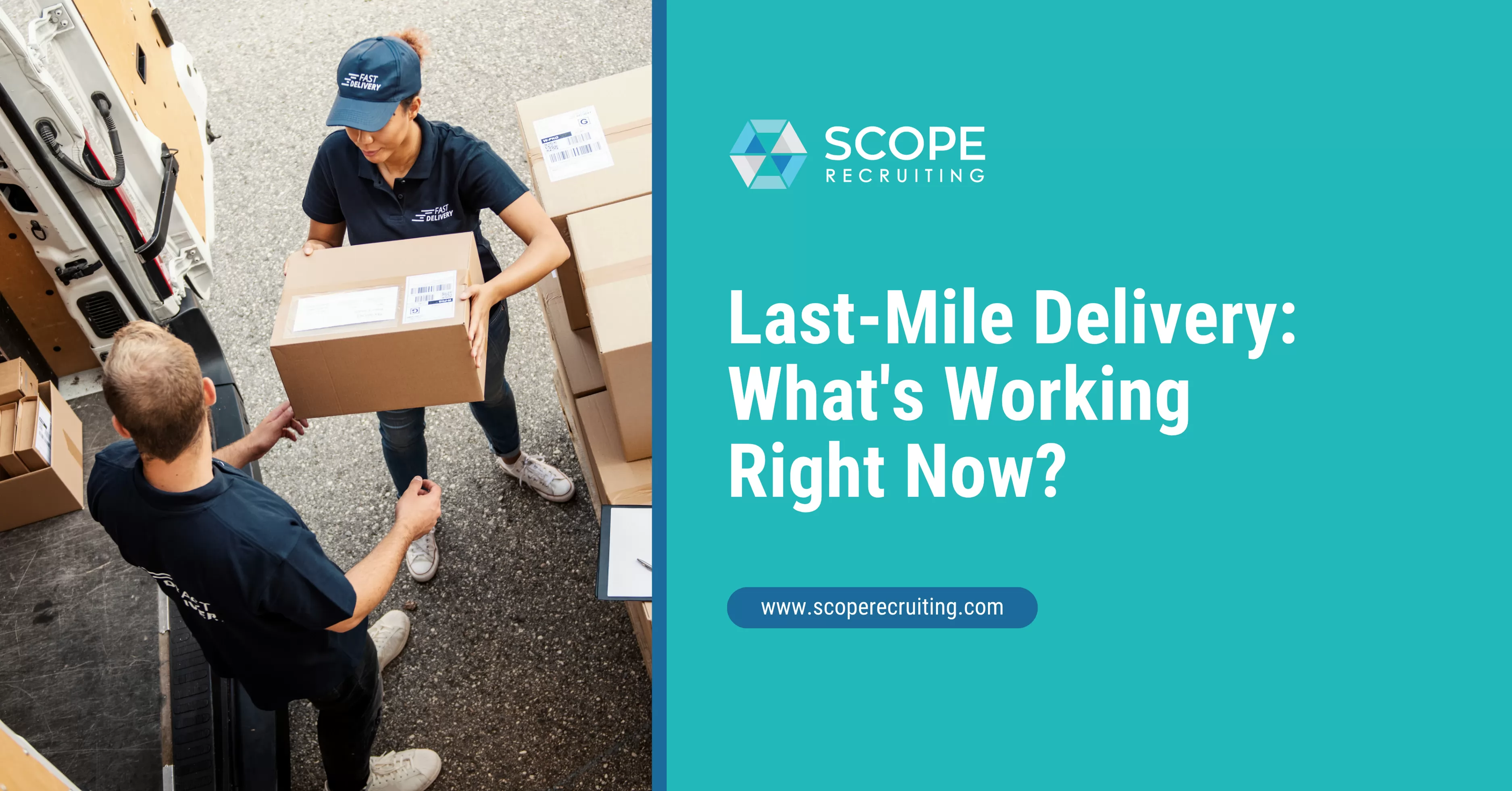 Delivery workers unloading and handing off packages from a van, representing last-mile delivery operations.