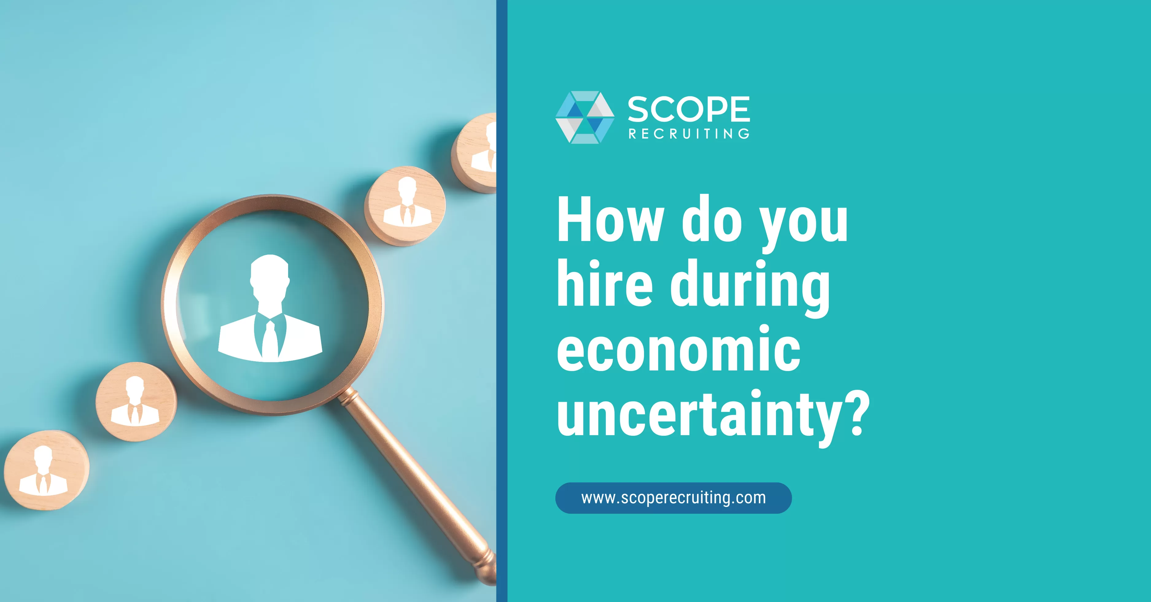 Hiring illustration showing candidate search with magnifying glass.