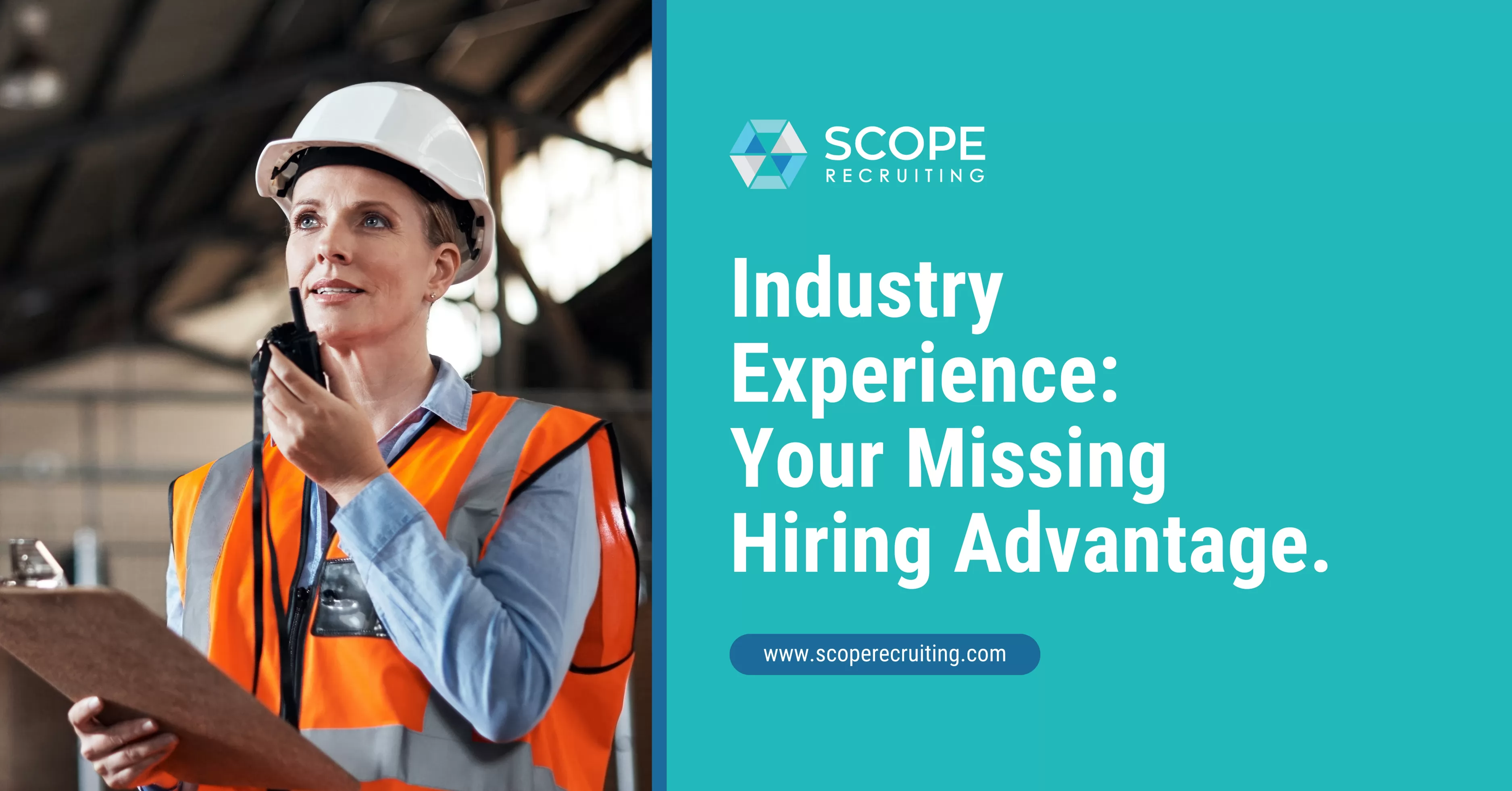 emale supply chain worker in safety vest and hard hat using a radio inside a warehouse