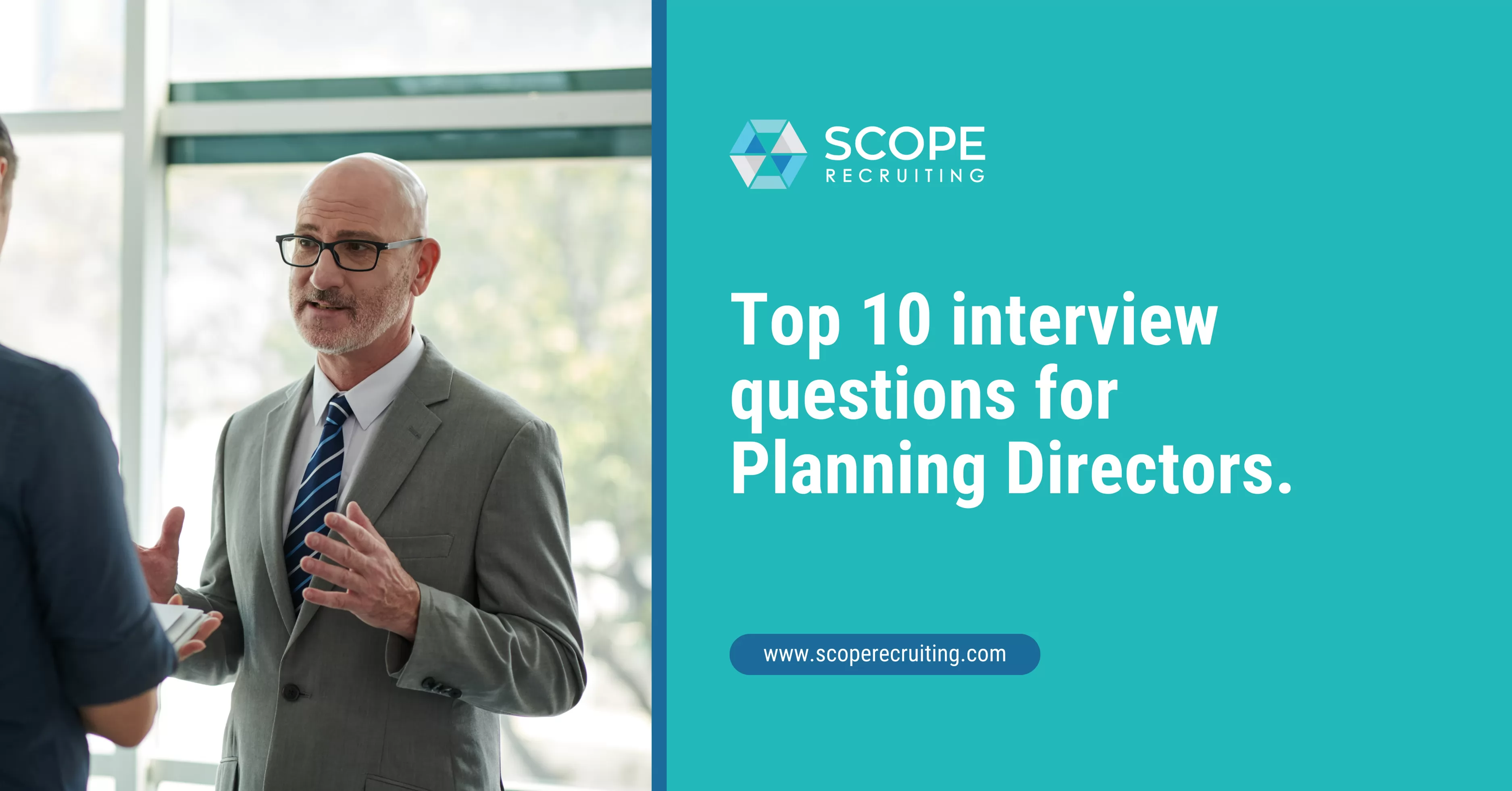 A male executive in a suit gesturing during a professional discussion, paired with text overlaying "Top 10 interview questions for Planning Directors".