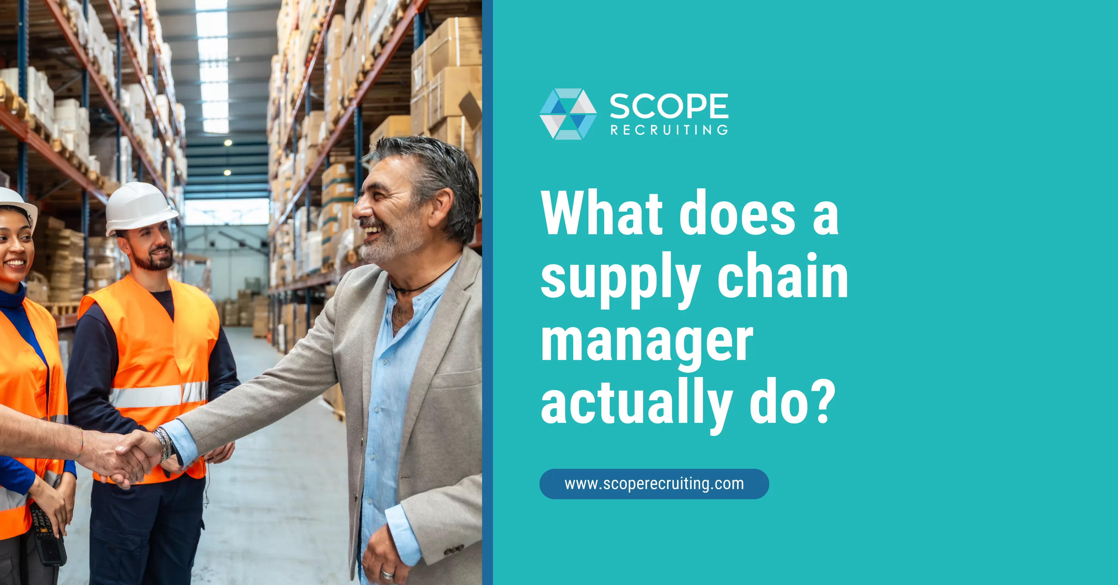 Supply chain manager greeting warehouse employees in a distribution center.