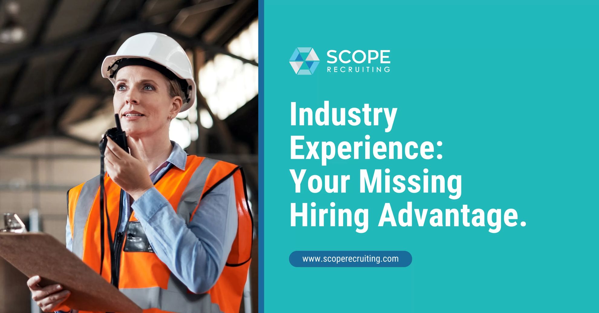 emale supply chain worker in safety vest and hard hat using a radio inside a warehouse